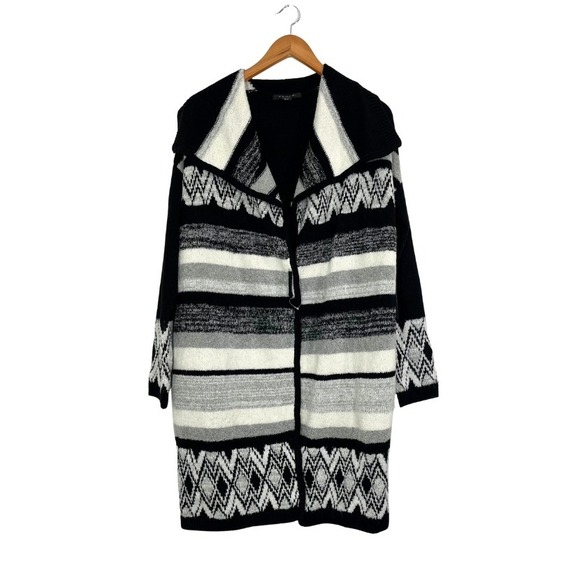 Tahari Wool Blend Long Knit Cardigan Coat Sweater Jacket Black Gray White Sz M - Picture 1 of 10